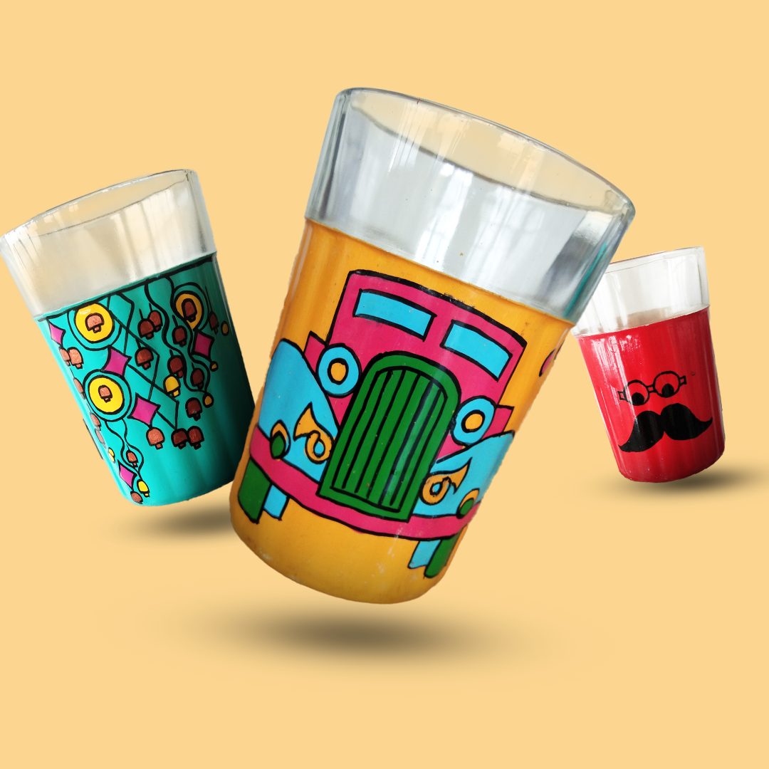 Cutting Chai Painted Glasses With Cup Holder - 6PC