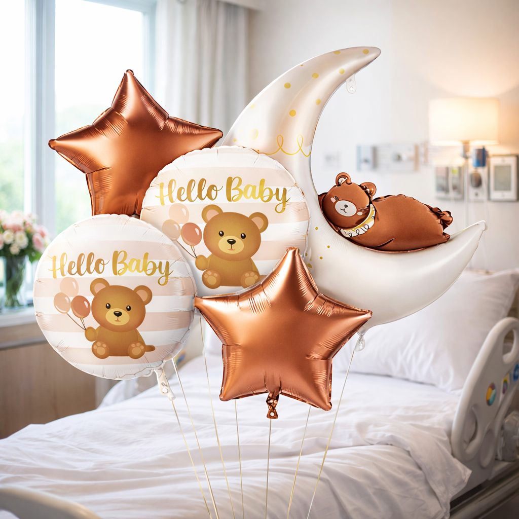 Welcome Baby Moon and Bear Shaped Helium Filled Balloon Bouqet Set of 5PC