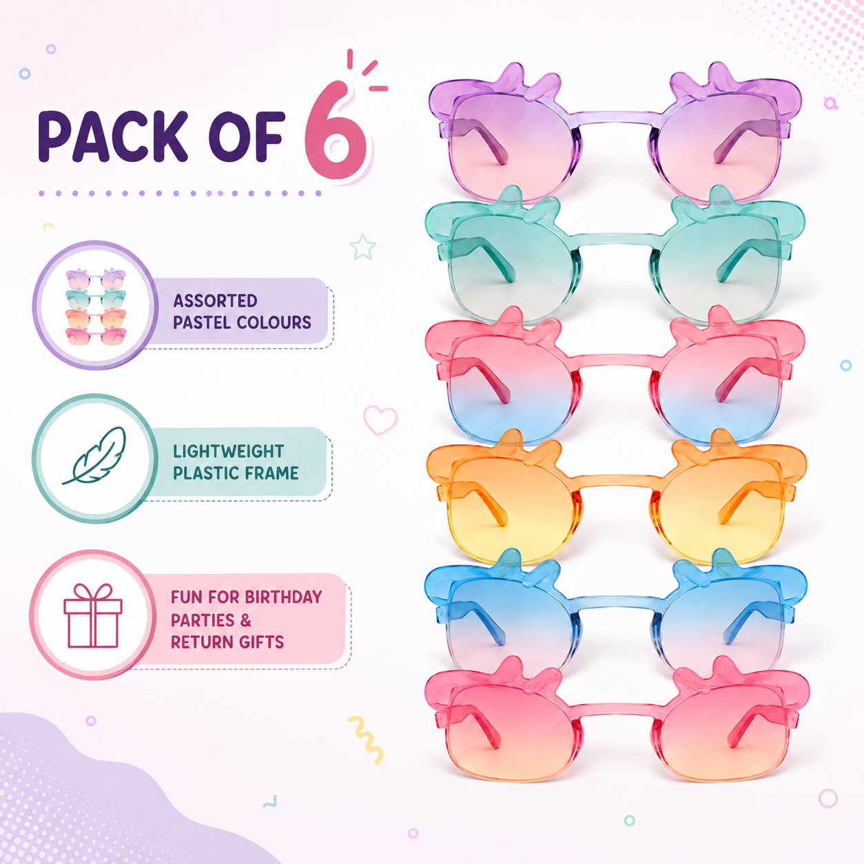 Peppa Pig Themed Multicolor Rimless Sunglasses for Kids - 6PC