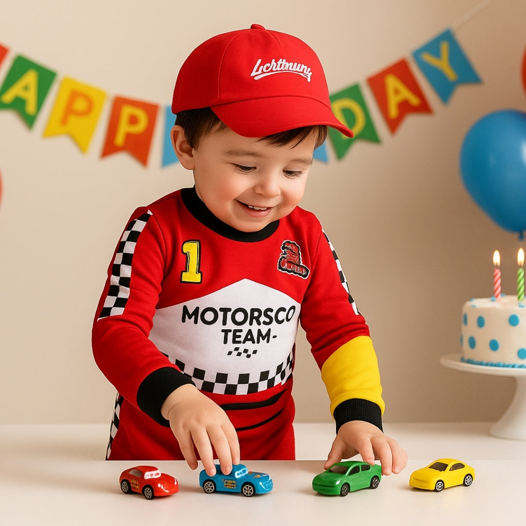 F1 Car Racing Kids Costume with Cap - Age 7 to 9 Years