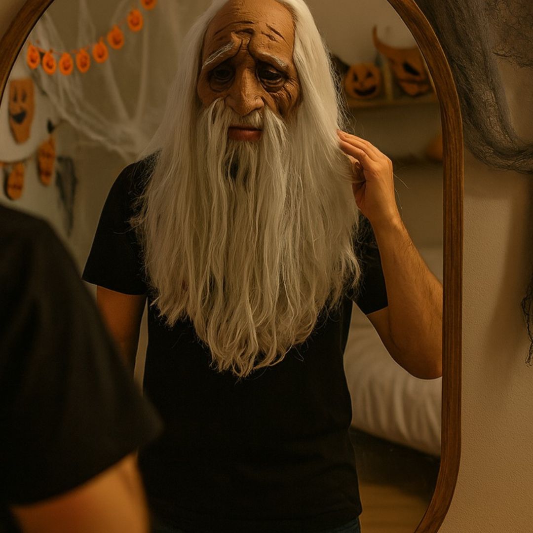 Realistic Old Man Latex Halloween Mask with White Beard - 1PC