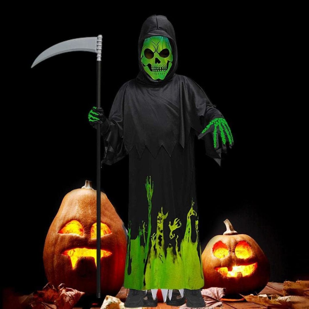 Glow in the Dark Hoody Mask Ghost Costume with Glow Gloves - Size M - Age 5 to 7 Years