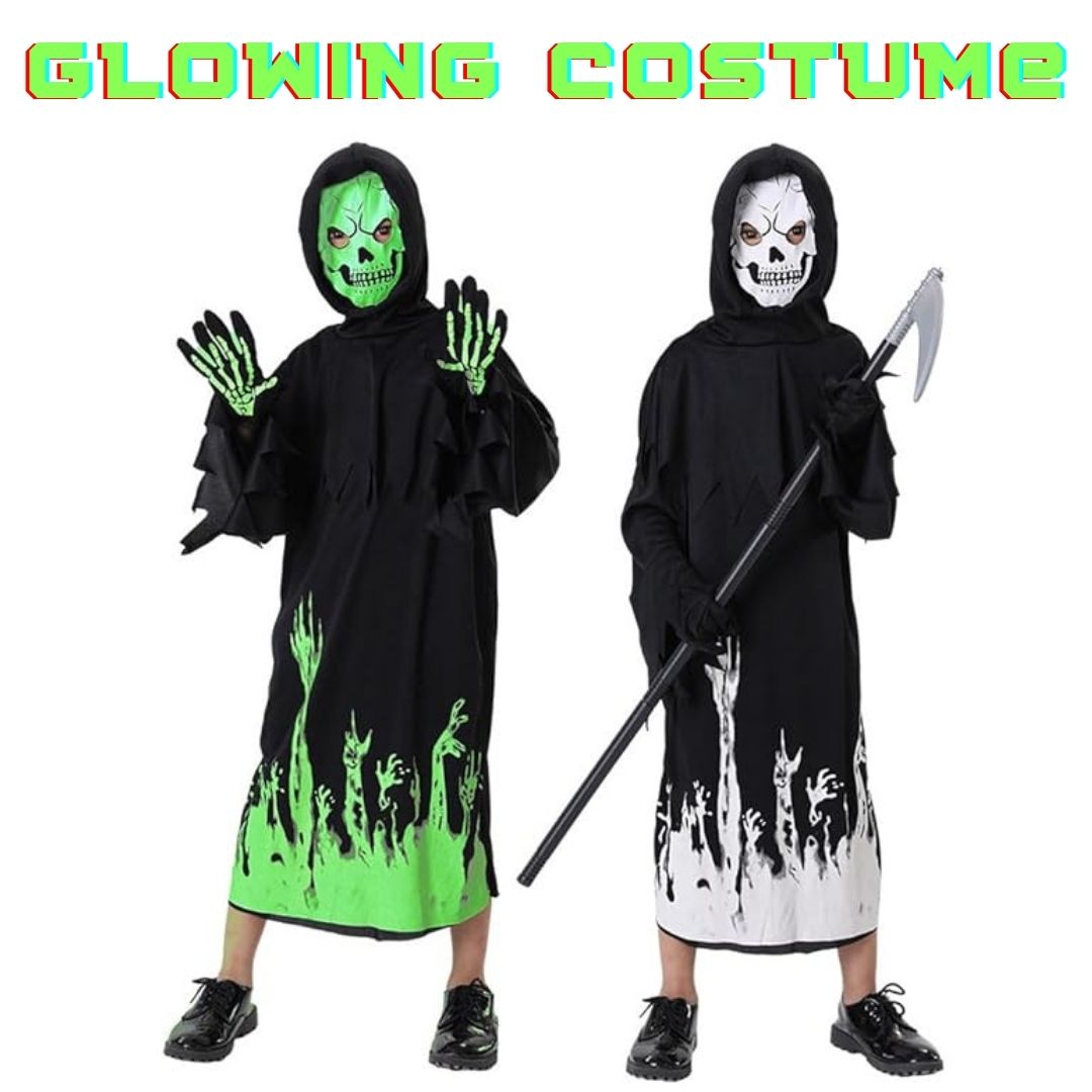 Glow in the Dark Hoody Mask Ghost Costume with Glow Gloves - Size M - Age 5 to 7 Years