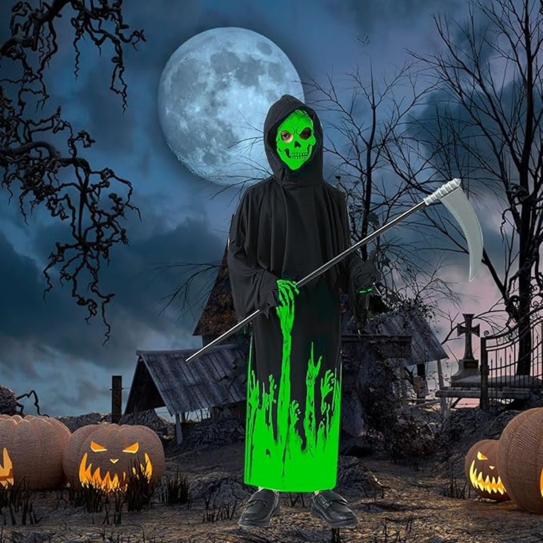 Glow in the Dark Hoody Mask Ghost Costume with Glow Gloves - Size M - Age 5 to 7 Years