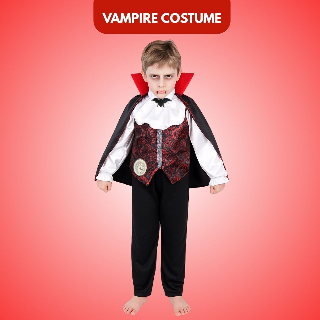 Scary Vampire Costume w/ Neck Choker, Vest, Pants & Cape for Kids - Size L - Age 7 to 9 Years
