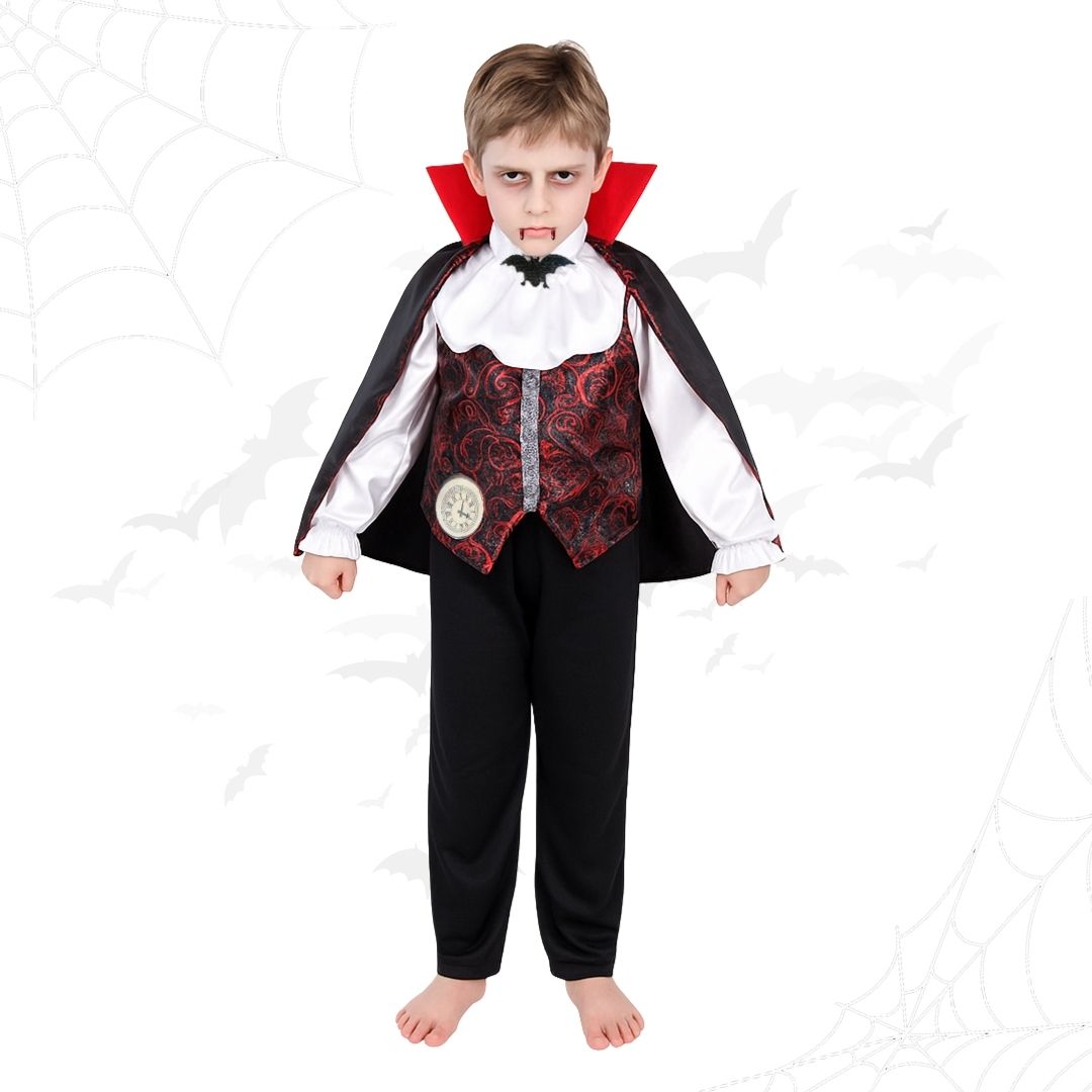 Scary Vampire Costume w/ Neck Choker, Vest, Pants & Cape for Kids - Size L - Age 7 to 9 Years