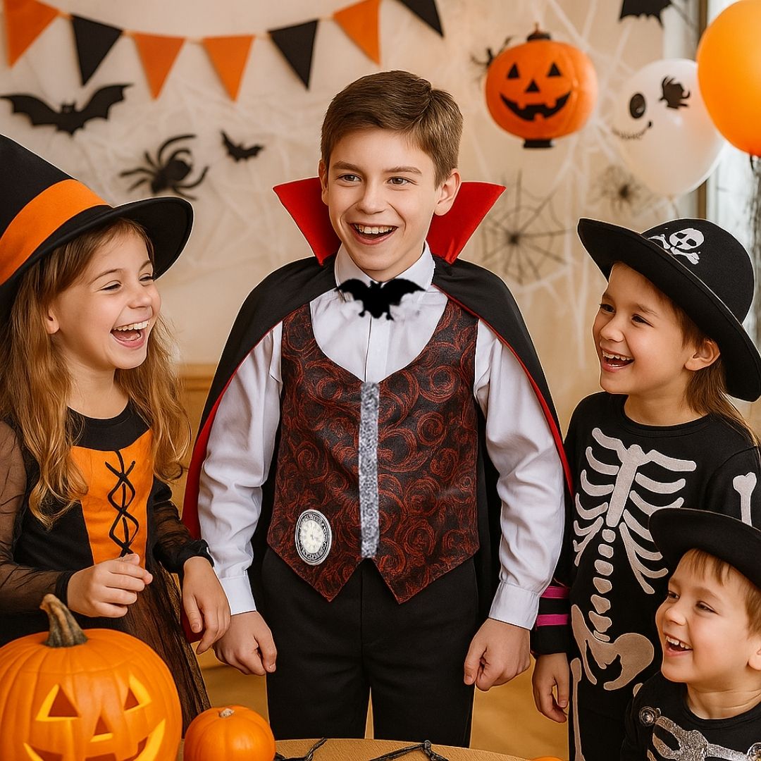 Scary Vampire Costume w/ Neck Choker, Vest, Pants & Cape for Kids - Size L - Age 7 to 9 Years