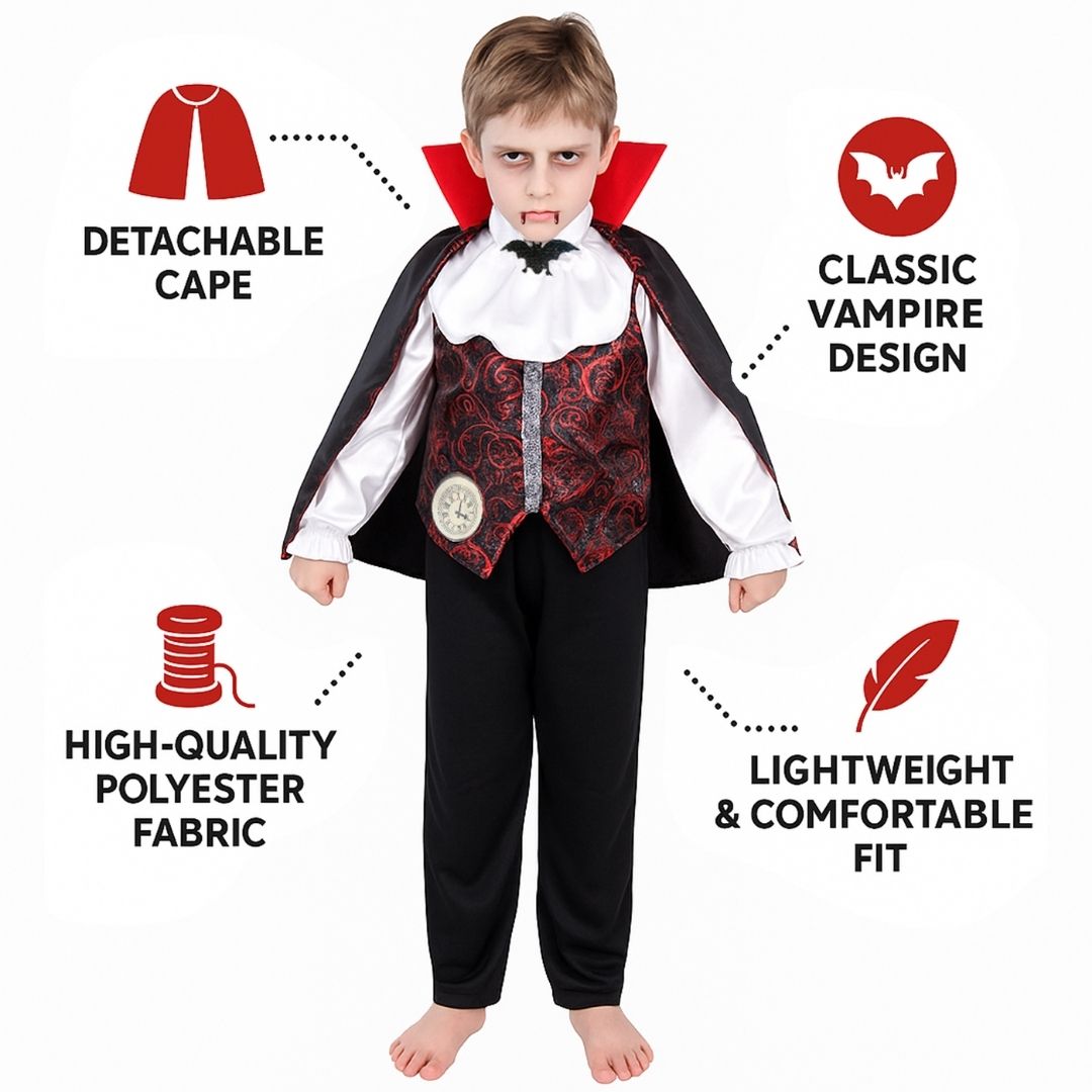 Scary Vampire Costume w/ Neck Choker, Vest, Pants & Cape for Kids - Size L - Age 7 to 9 Years
