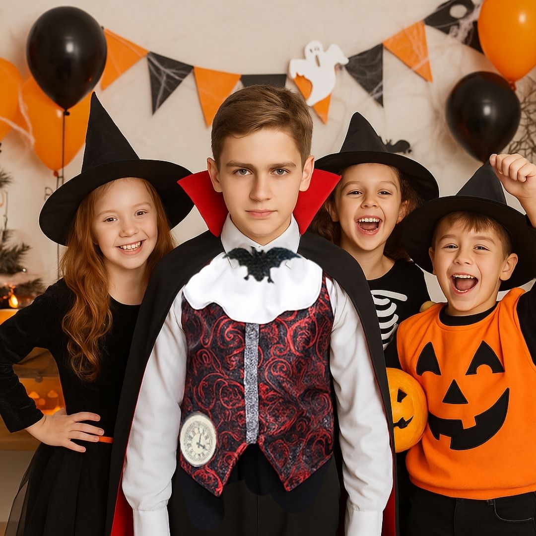 Scary Vampire Costume w/ Neck Choker, Vest, Pants & Cape for Kids - Size L - Age 7 to 9 Years