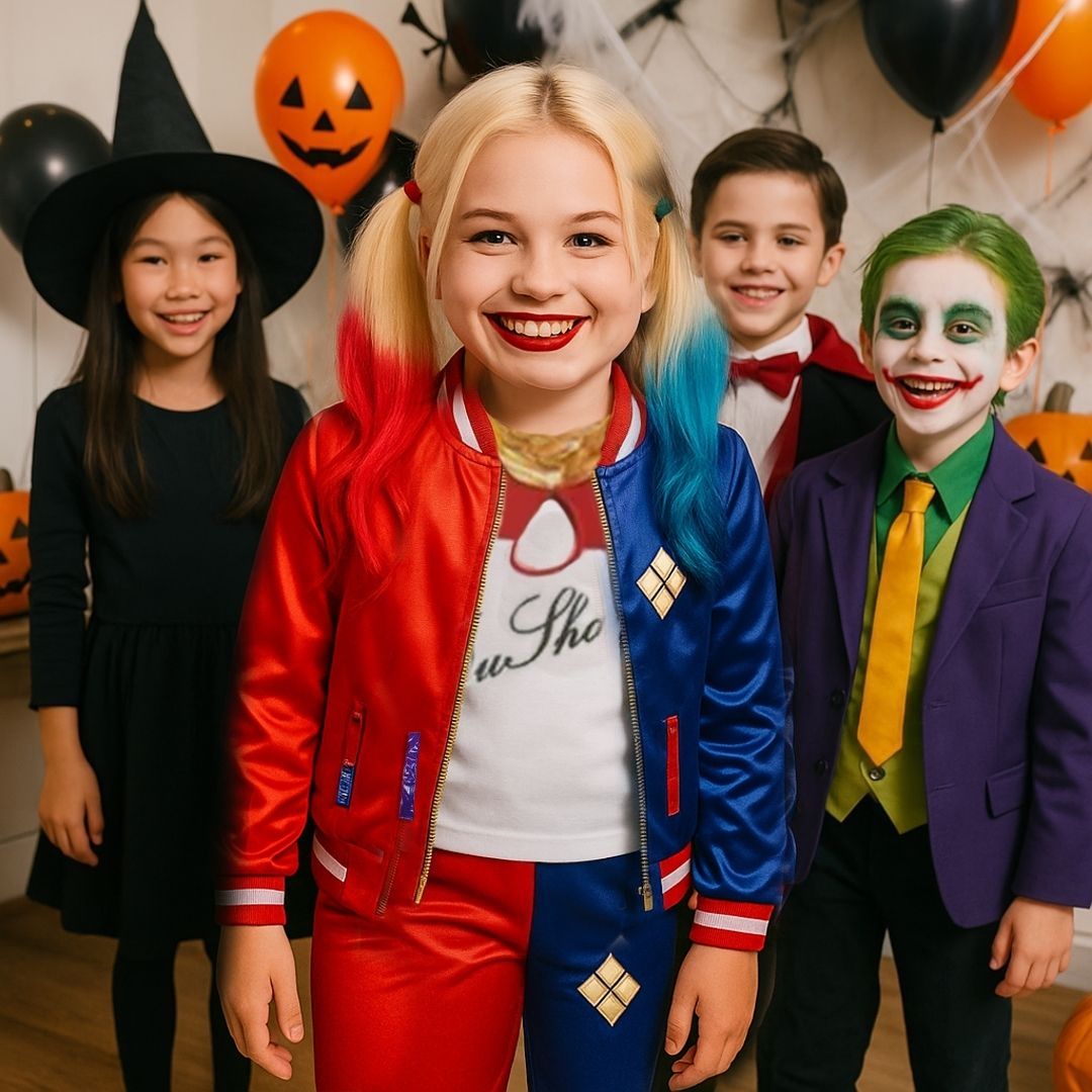 Harley Quinn Red & Blue Costume with Jacket, Pants and Sleevless Tees