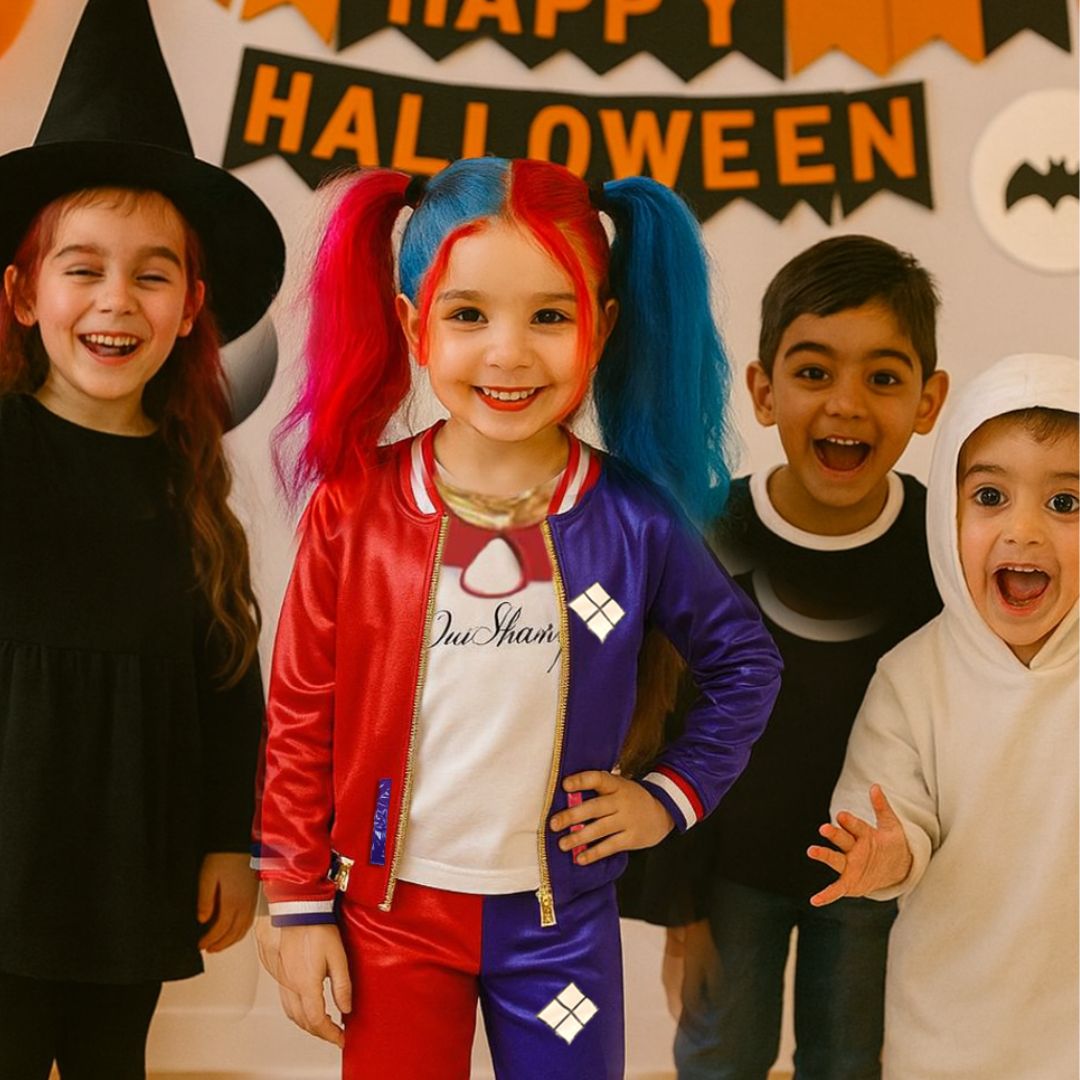 Harley Quinn Red & Blue Costume with Jacket, Pants and Sleevless Tees - Size - M - Age 5 to 7