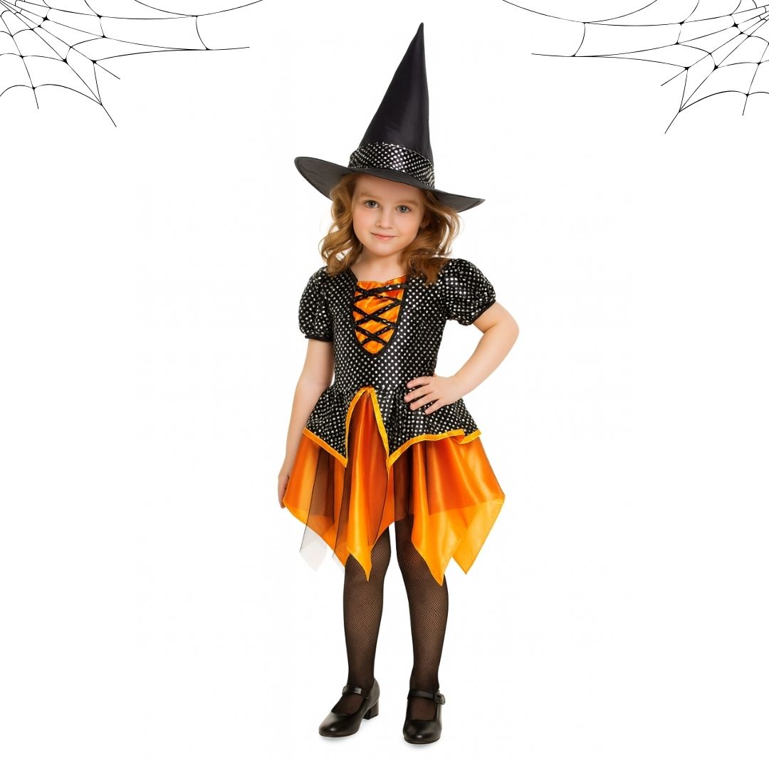 Witch Dress Black and Orange with Witch Hat - Size L - Age 7 to 9 Years