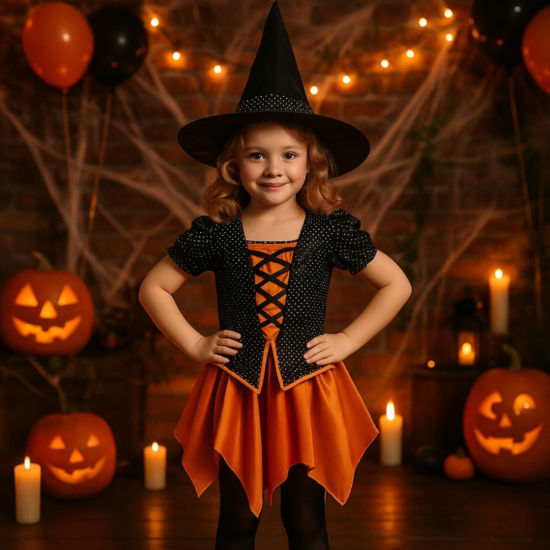 Witch Dress Black and Orange with Witch Hat - Size L - Age 7 to 9 Years
