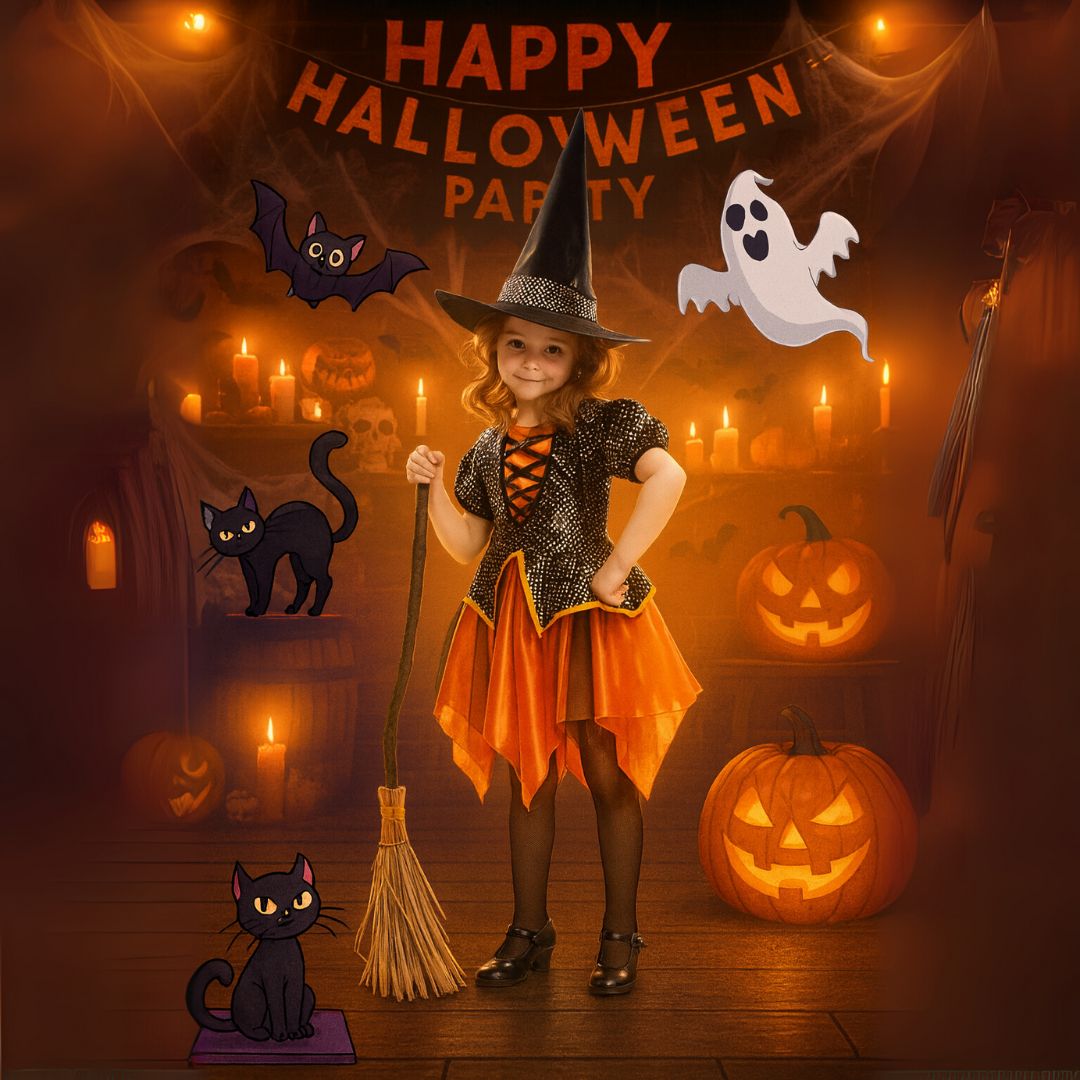 Witch Dress Black and Orange with Witch Hat - Size L - Age 7 to 9 Years