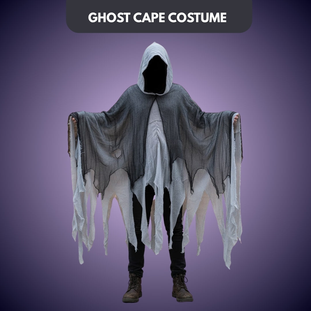 Black & White Net Ghost Poncho with Hood - Free Size
