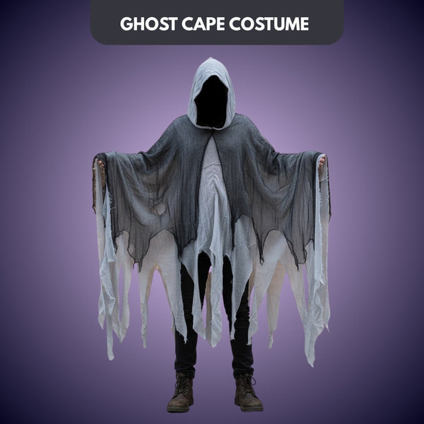 Black & White Net Ghost Poncho with Hood - Free Size