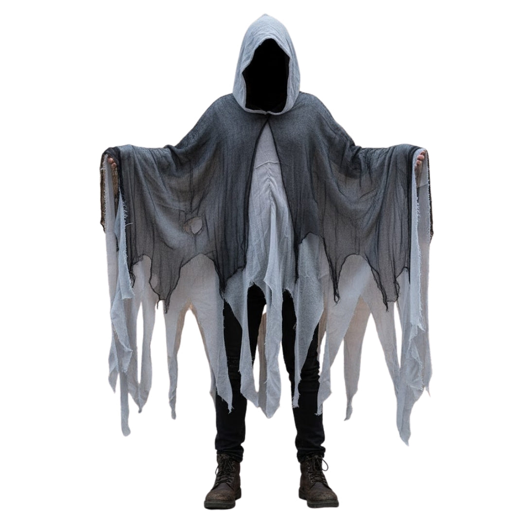 Black & White Net Ghost Poncho with Hood - Free Size
