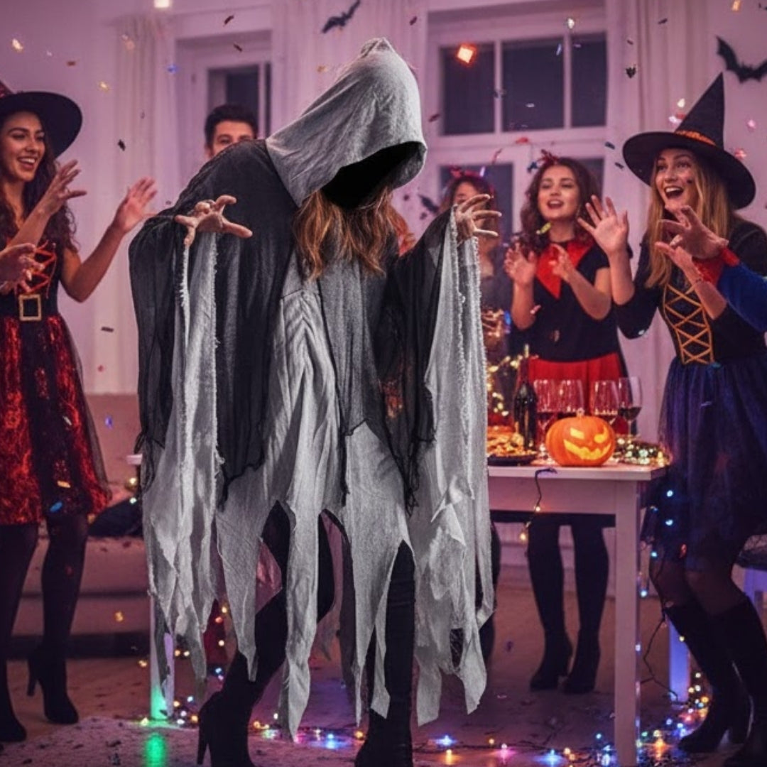 Black & White Net Ghost Poncho with Hood - Free Size