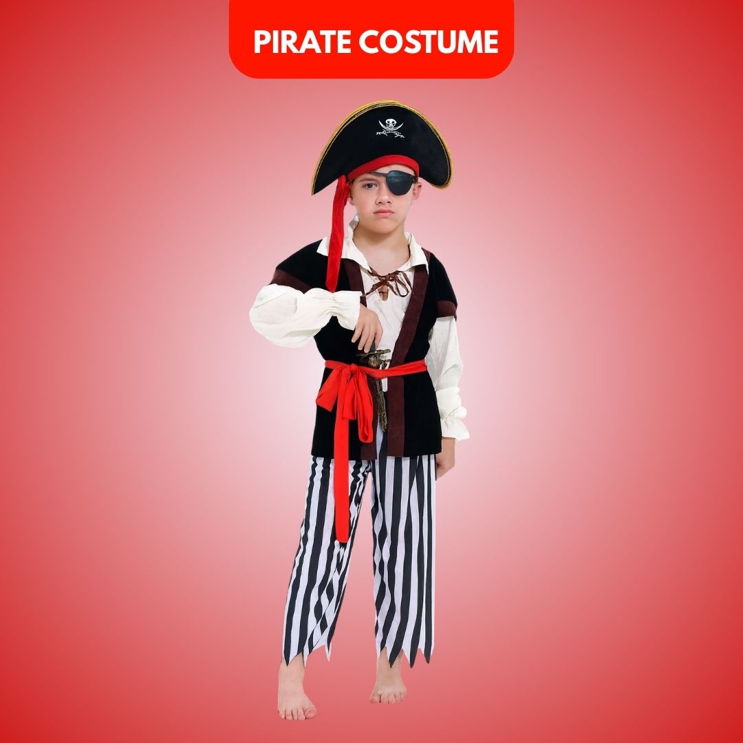 Smart Pirate Costume with Vest, Pants, Waist Belt, Hat & Eye Patch - Size L - Age 7 to 9 Years