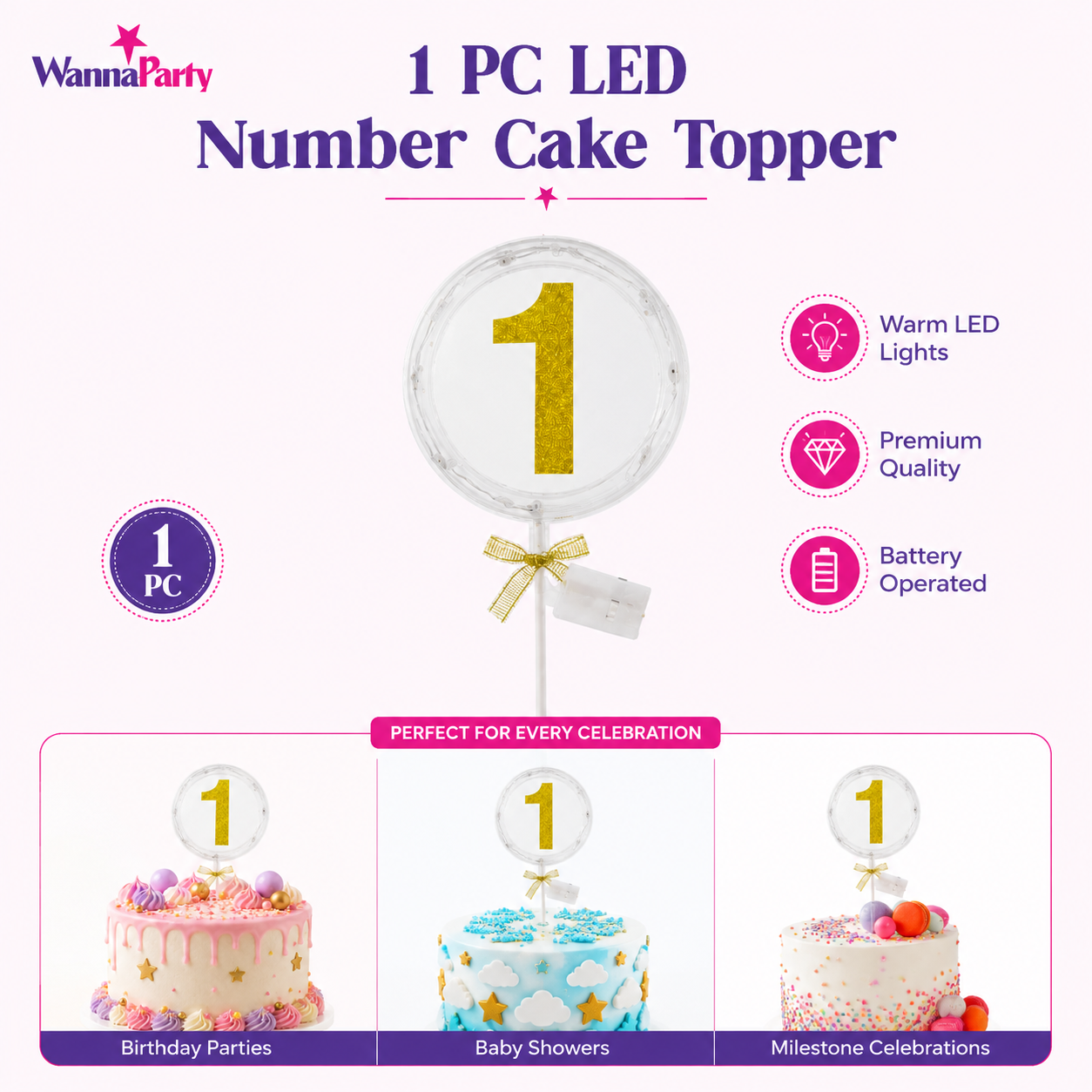 Round Light Up Golden Number 1 LED Cake Topper | Golden Glitter Number with built in light string & Bow | Cake Decoration Kit - 1PC