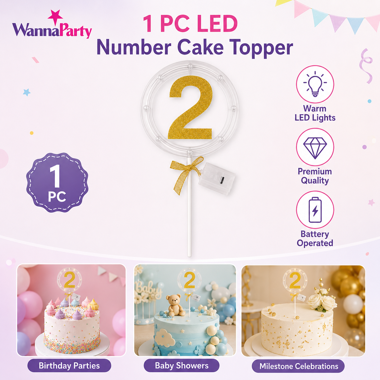 Round Light Up Golden Number 2 LED Cake Topper | Golden Glitter Number with built in light string & Bow | Cake Decoration Kit - 1PC