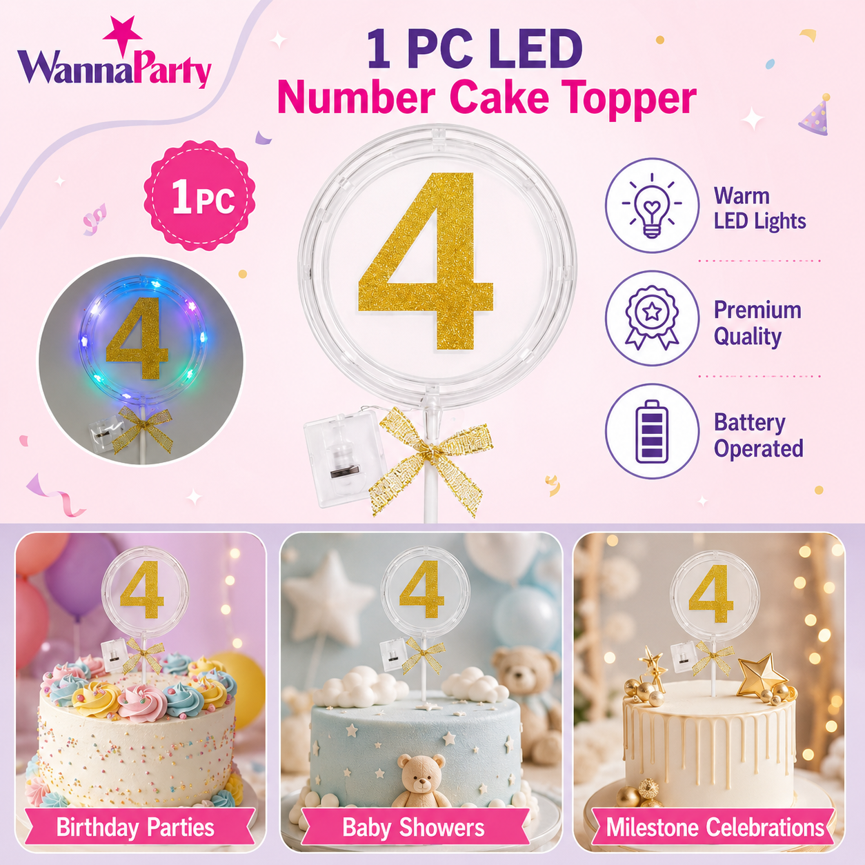 Round Light Up Golden Number 4 LED Cake Topper | Golden Glitter Number with built in light string & Bow | Cake Decoration Kit - 1PC