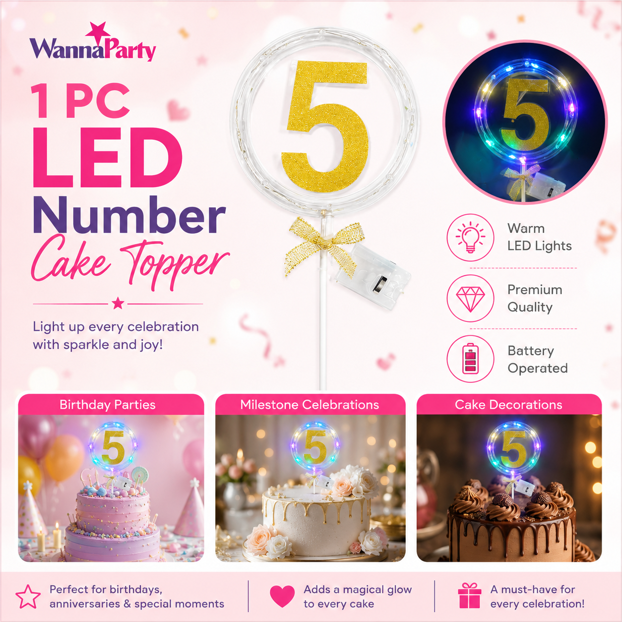 Round Light Up Golden Number 5 LED Cake Topper | Golden Glitter Number with built in light string & Bow | Cake Decoration Kit - 1PC