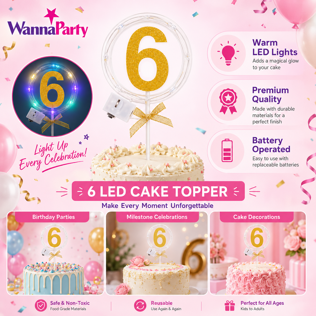 Round Light Up Golden Number 6 LED Cake Topper | Golden Glitter Number with built in light string & Bow | Cake Decoration Kit - 1PC