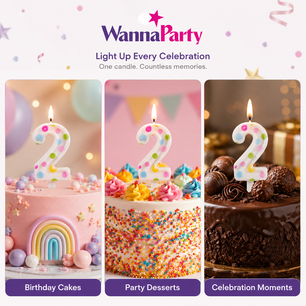 White Pastel Polka Dot Birthday Candle Number 2 | Numerical Candles for Cake Cutting - 1PC