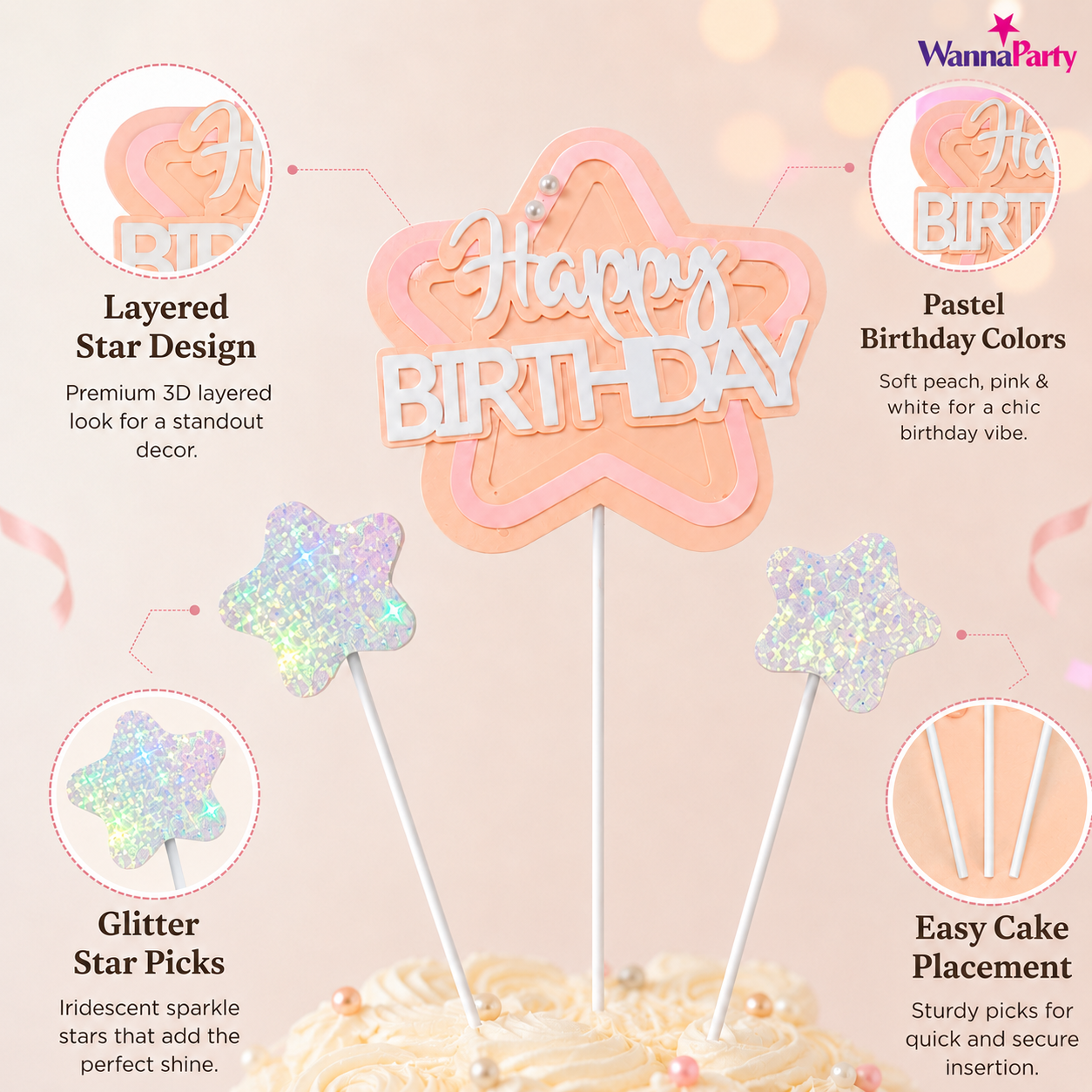 Happy Birthday Cake Topper Set of 3, Pink Birthday Pick with 2 Glitter Star Picks | Cake Decoration for Kids, Adults, Party Cakes, Cupcakes & Dessert Table - Set of 3PC