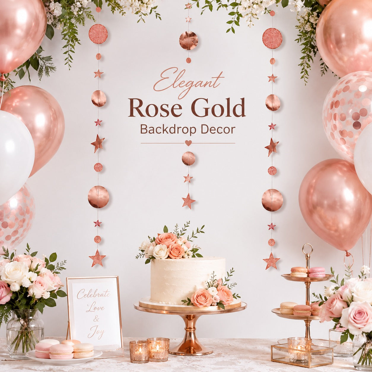 Round and Star Rose Gold Hanging Decoration - 6FT