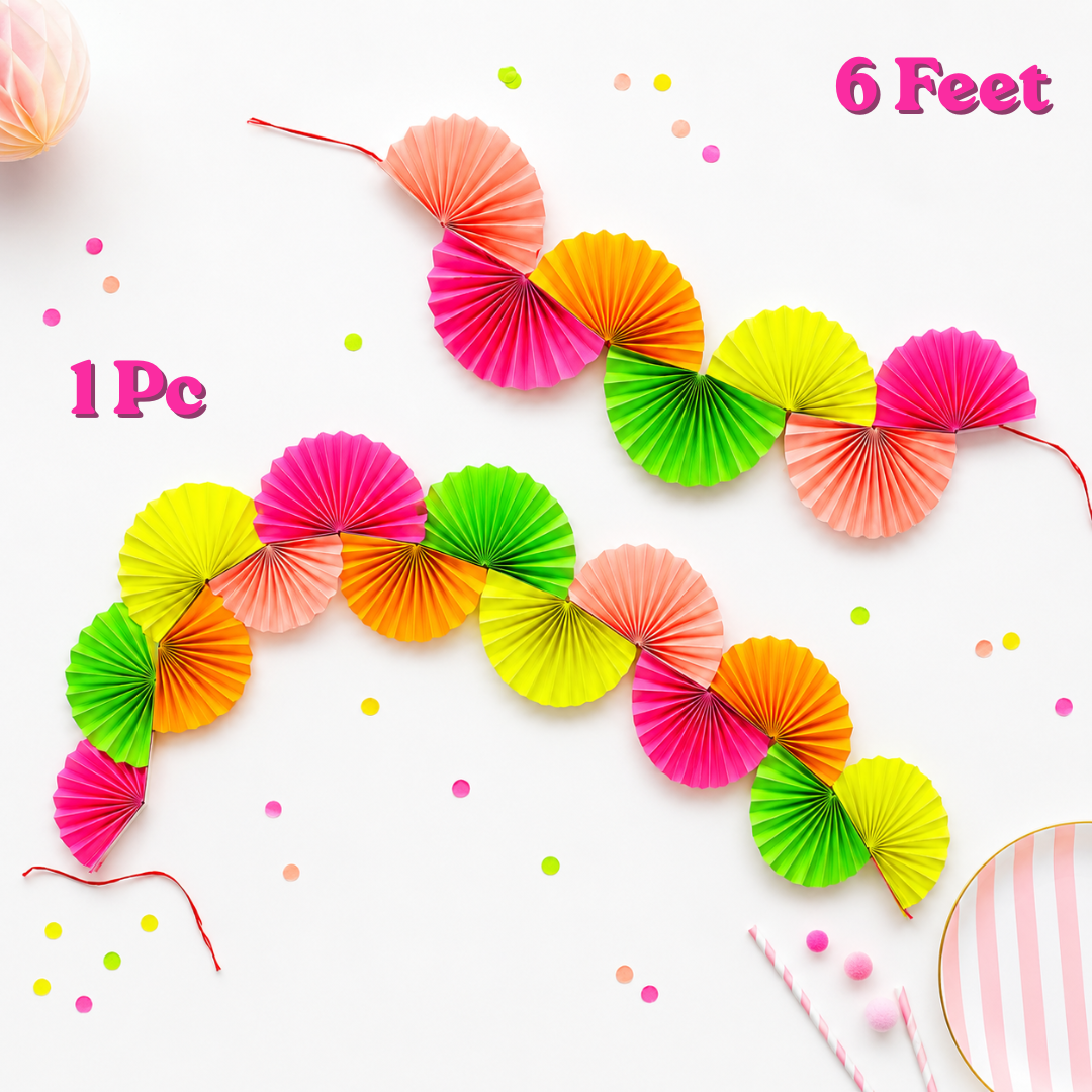 Neon Rainbow Chain Garland Party Decoration Paper Fans - 6FT
