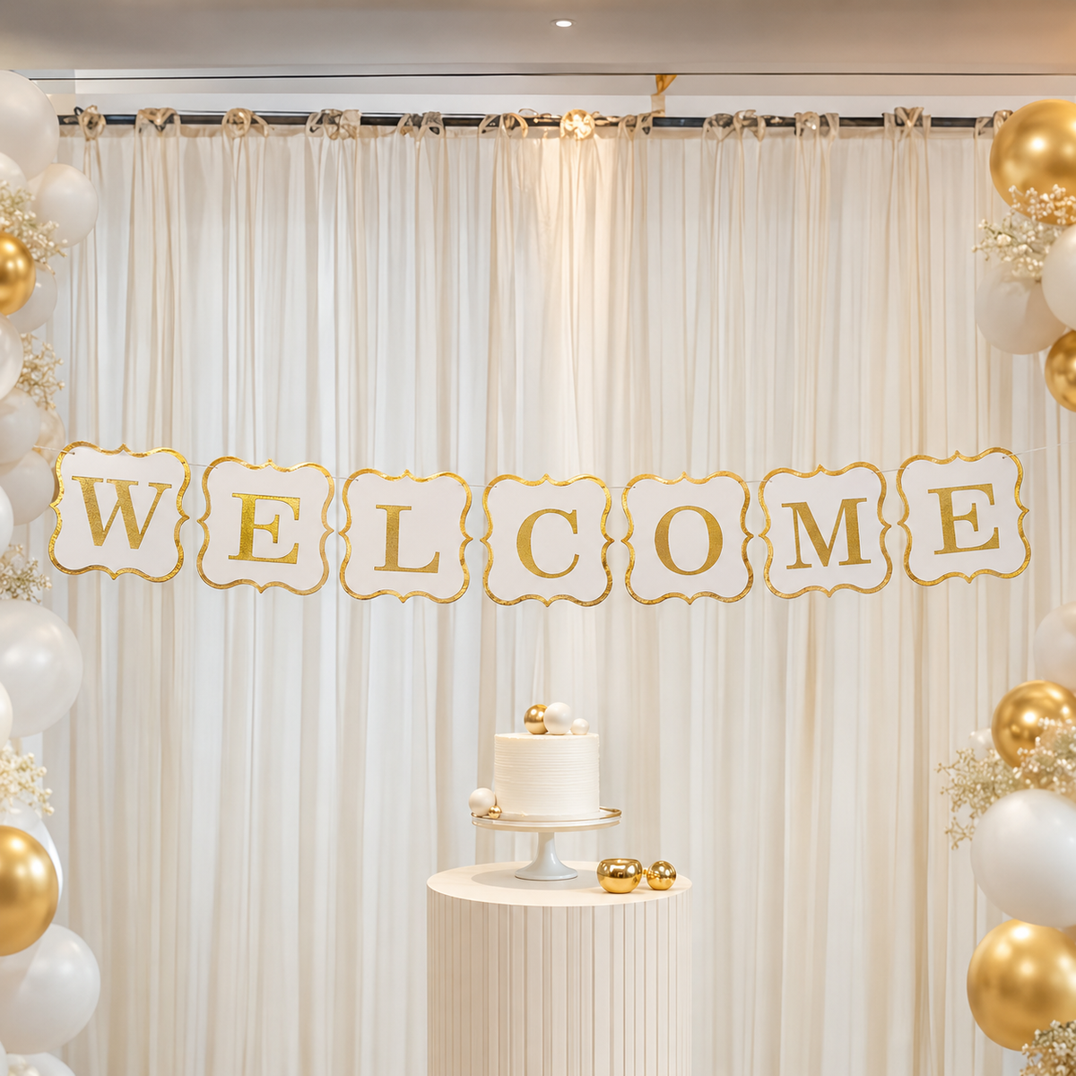 Welcome Banner White & Gold - 9FT