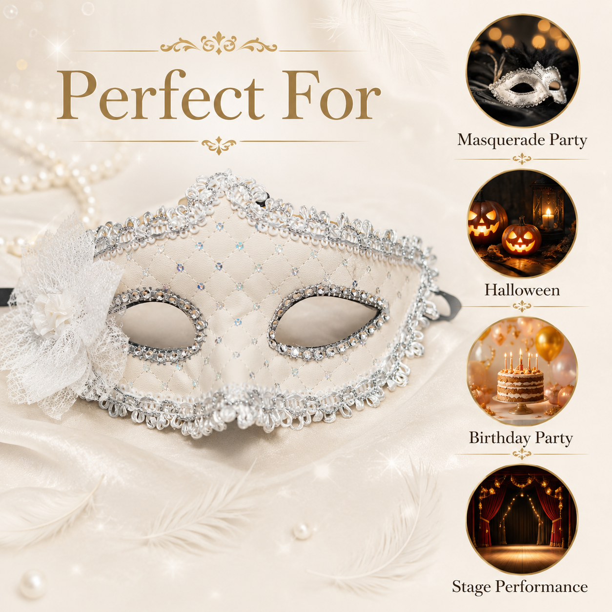 Premium Luxury White Leatherite Mask with Flower - 1PC