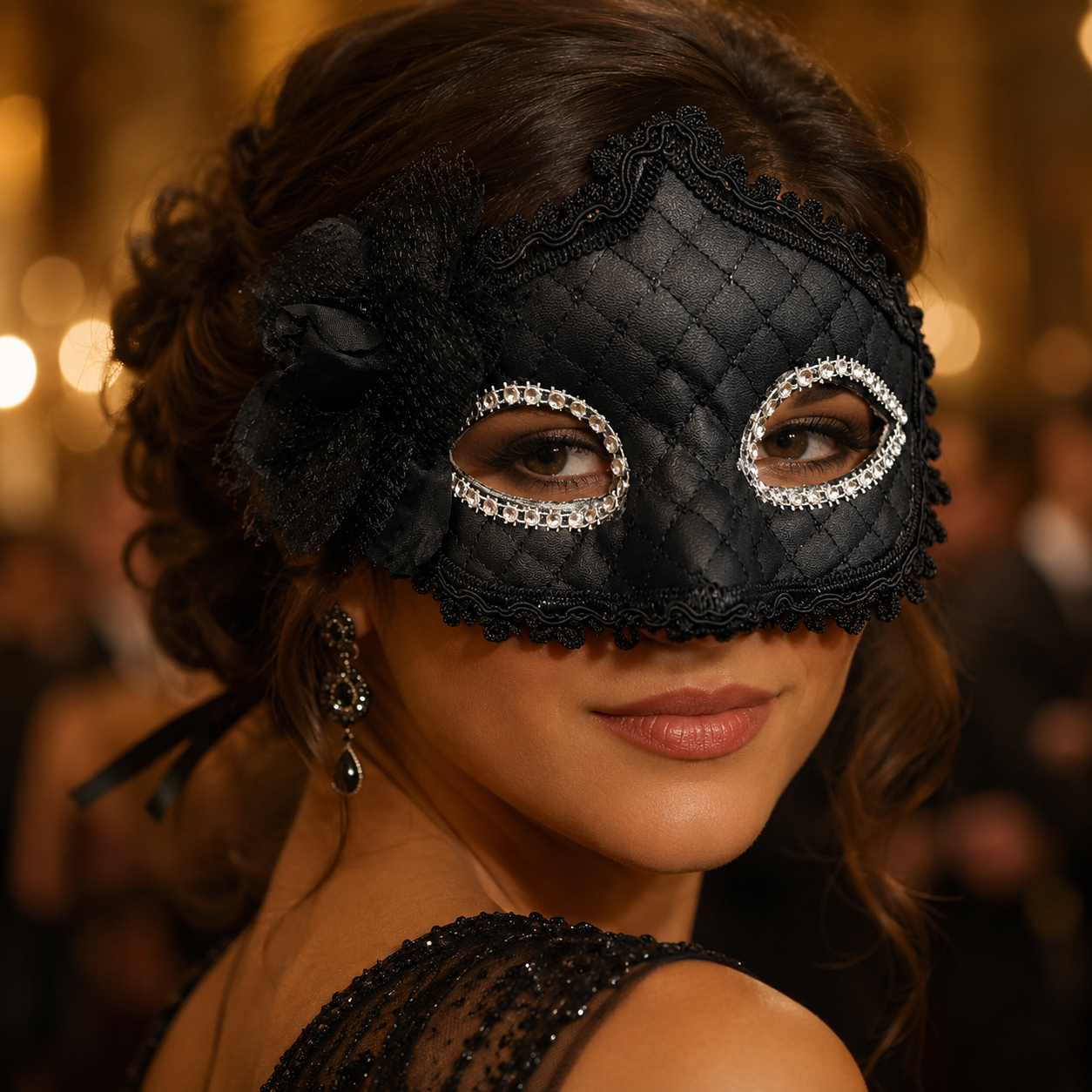 Premium Luxury Black Leatherite Mask with Flower - 1PC