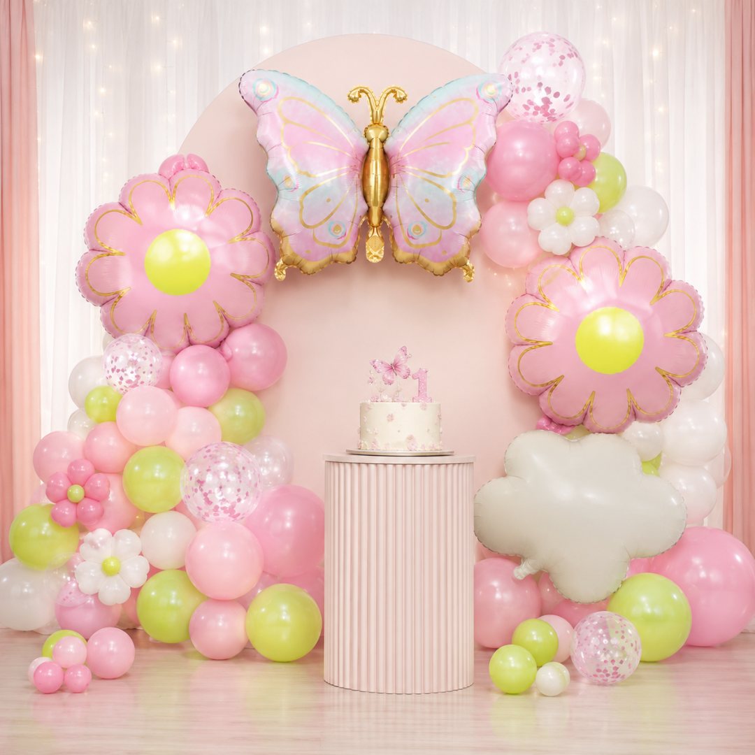 Pink & Green Shaded Butterfly and Flowers Balloons Set - 5PC | Helium Quality Balloons