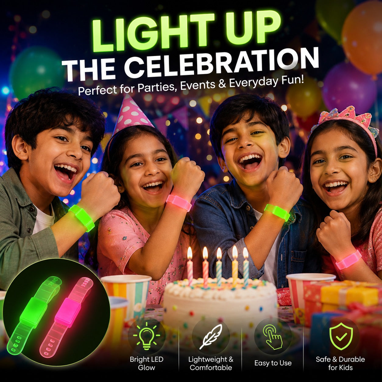 LED Translucent Assorted Neon Color Wrist Band for Kids