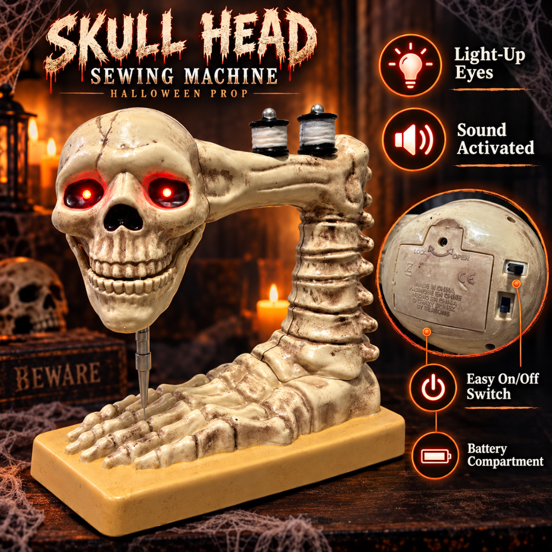 Skull Head Sewing Machine Halloween Prop with Light & Sound