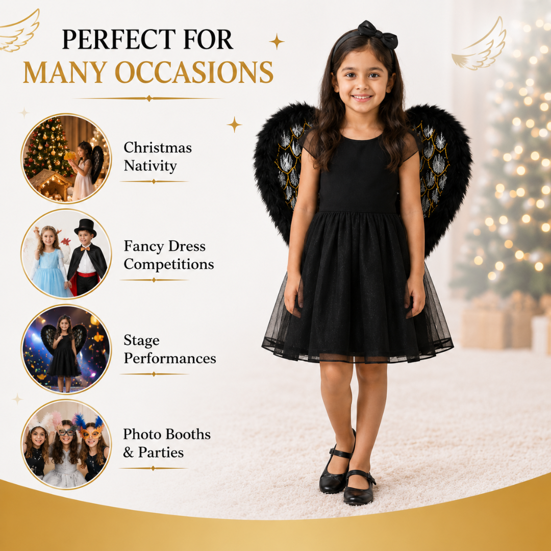 Black Angel Wings for Kids | Gold Feather Print Costume Wings with Soft Fluffy Trim - 1PC