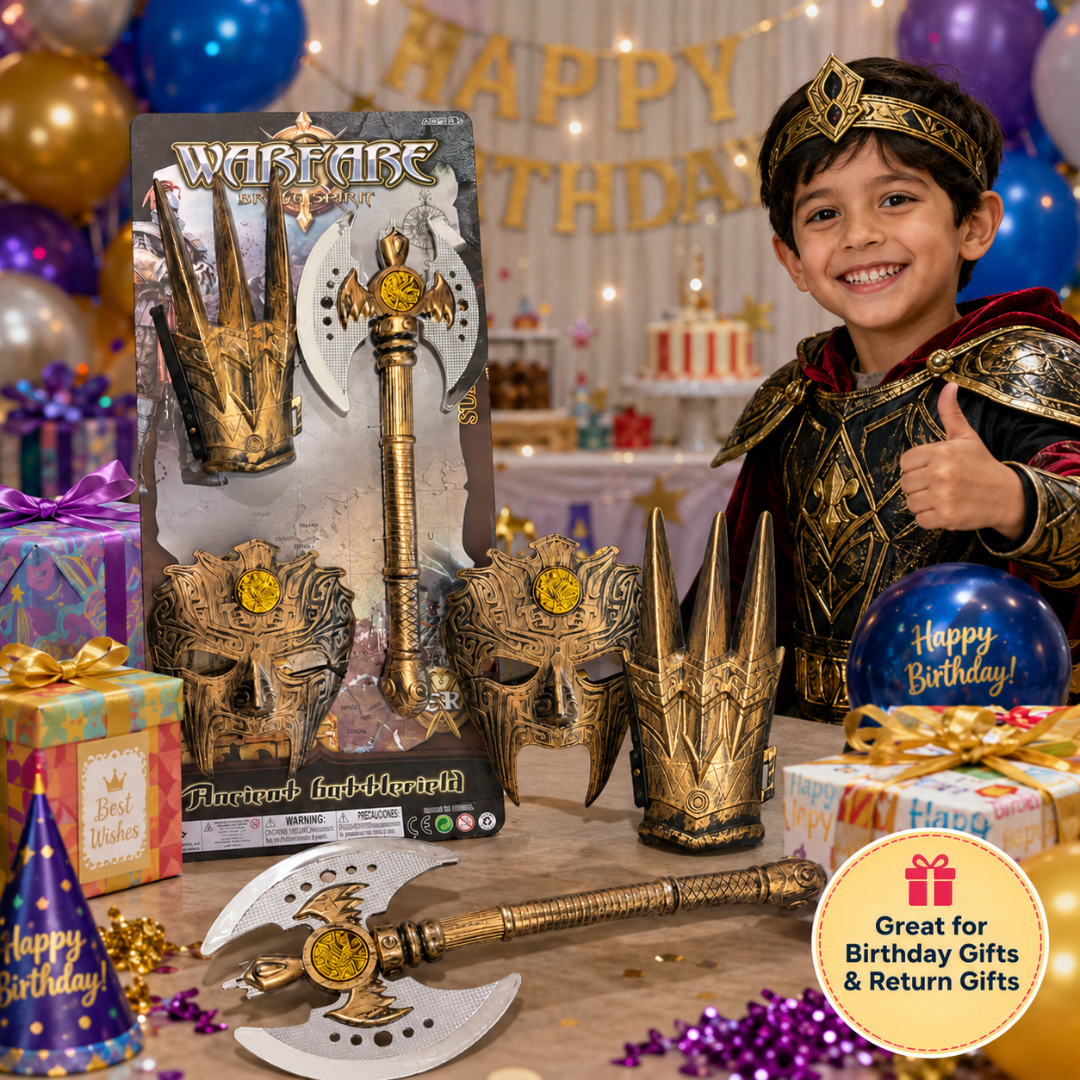 Ancient Warrior Costume Set for Kids with Battle Mask, Armour Glove & Double Head Axe Toy Props - 3PC Set
