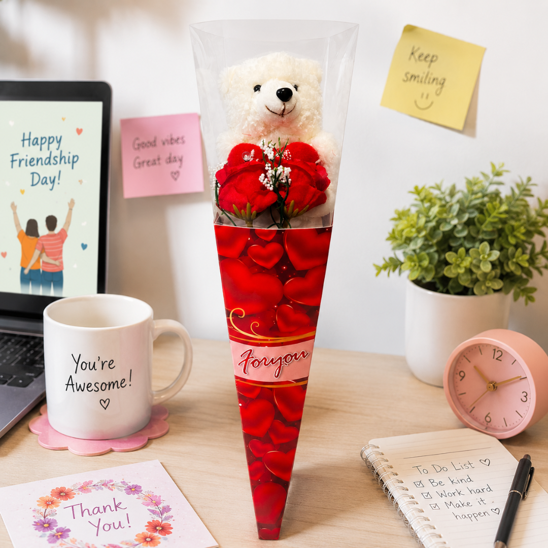 Teddy Bear Rose Bouquet Gift, Cute Teddy with Red Heart & Rose Cone Wrap, Romantic Gift for Valentine’s Day, Birthday, Anniversary, Proposal, Friendship Day - 1PC