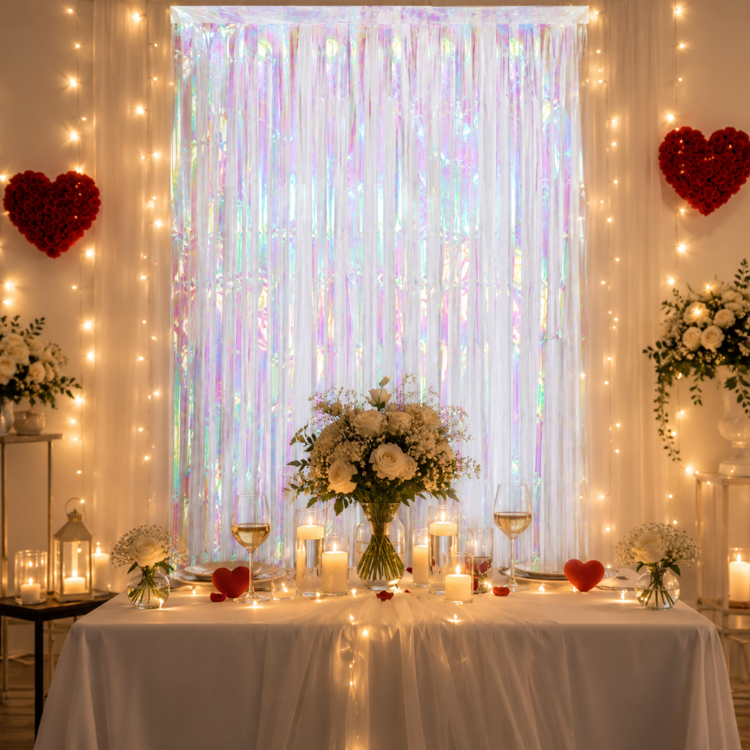 White Iridescent Streamers Backdrop | Metallic White Foil Curtain 7FT x 3FT - 1PC