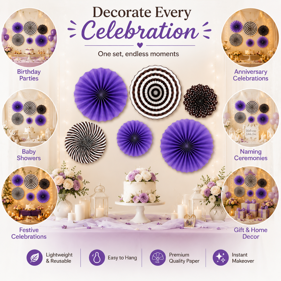 Purple Paper Fan Decorations - 6PC