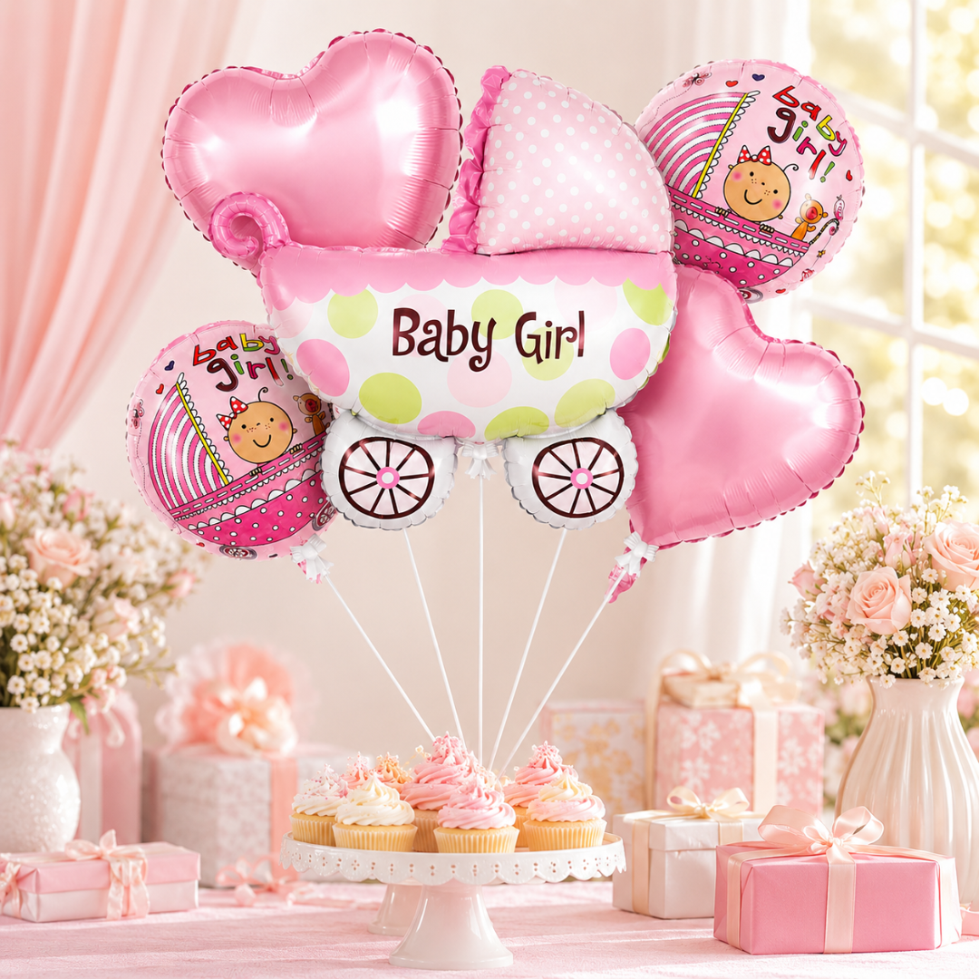 Baby Girl Pram Balloon Bouquet Set – 5 Pcs | Cute Pink Baby Carriage Foil Balloons for Baby Shower, Welcome Baby & Newborn Room Decoration