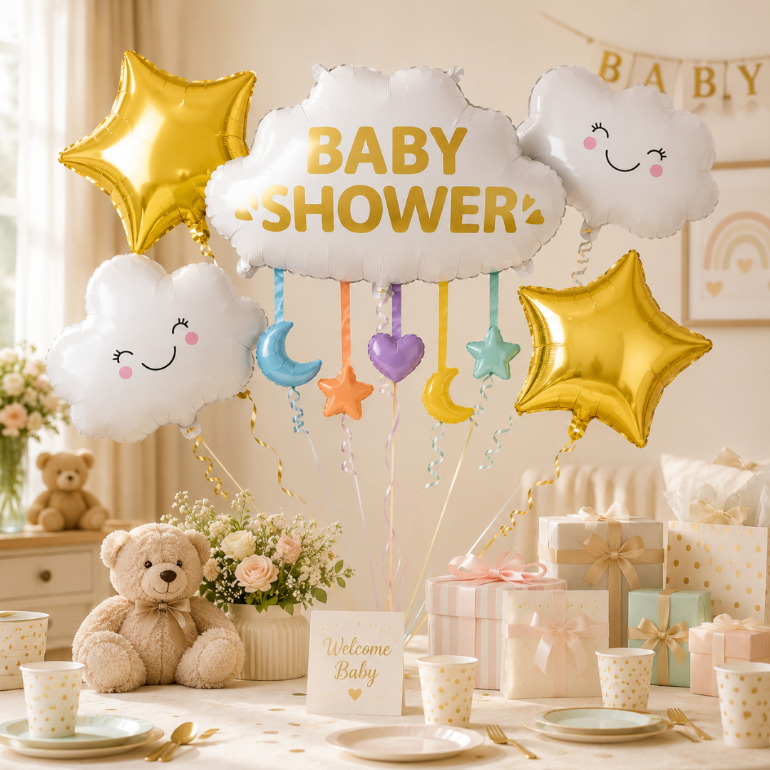 Baby Shower Cloud Balloon Bouquet Set – 5 Pcs | Cute Cloud & Gold Star Foil Balloons for Baby Shower, Welcome Baby Party & Newborn Room Decoration