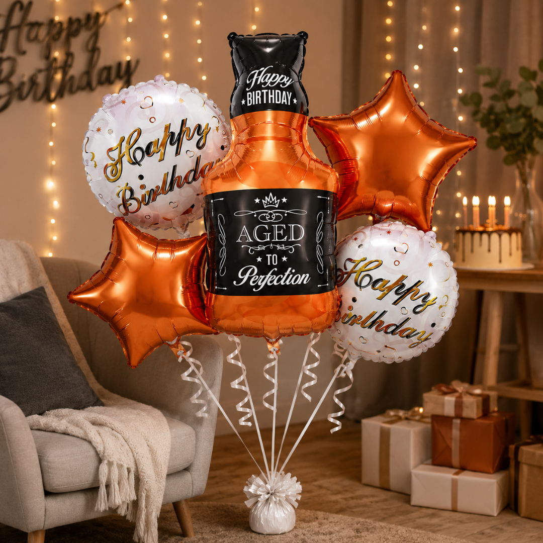 Aged To Perfection Birthday Balloon Bouquet Set – 5 Pcs | Fun Bottle Shaped Foil Balloons for Adult Birthday Party Decoration & Photo Backdrop