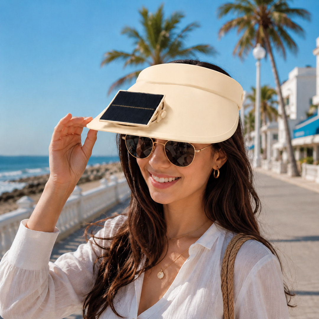 Sun Visor Beige Hat with Fan USB and Solar Powered |Wide Brim Hat with Built in Fan | Beat The Heat Cool Picnic or Disney Park Fans | UPF 50+ UV Protection, Lightweight Summer Cap for Beach, Travel, Gardening, Sports & Outdoor Use