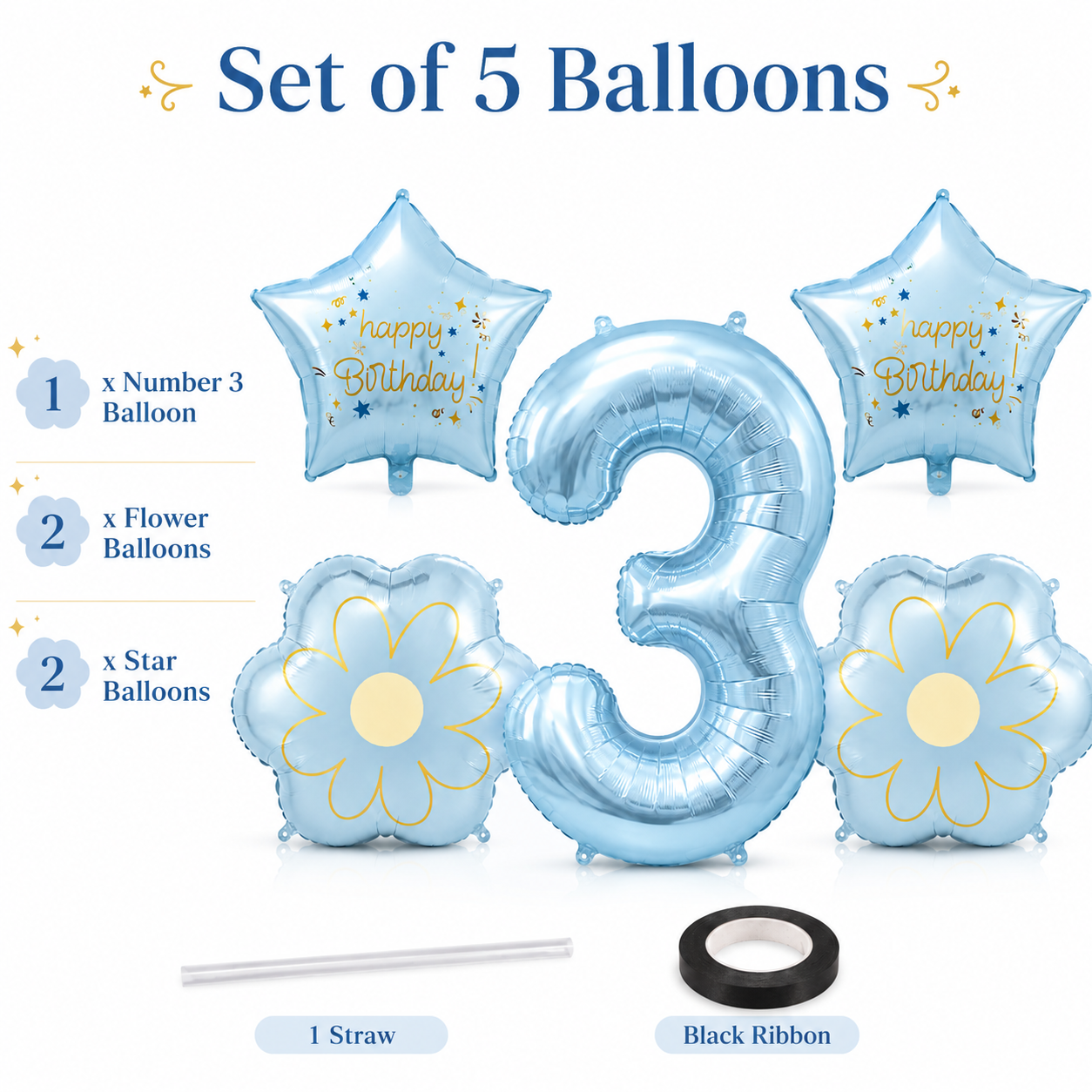 Blue Number 3 Foil Balloon Set - 5PC | Third Birthday Balloon with 2 Flower