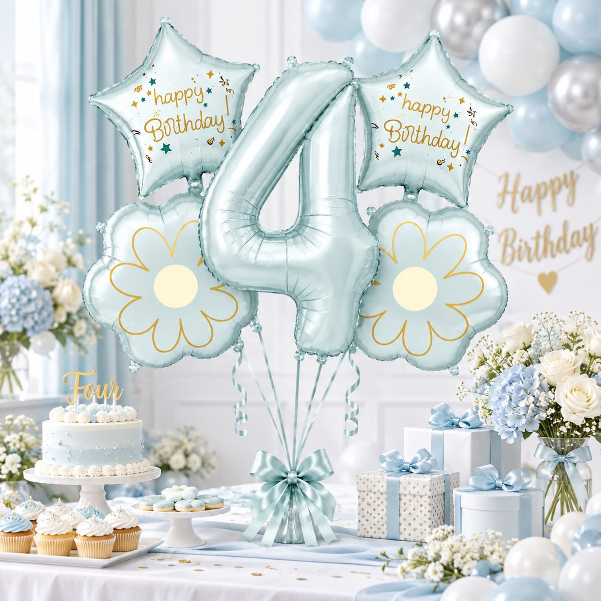 Blue Number 4 Foil Balloon Set - 5PC | Fourth Birthday Balloon with 2 Flower