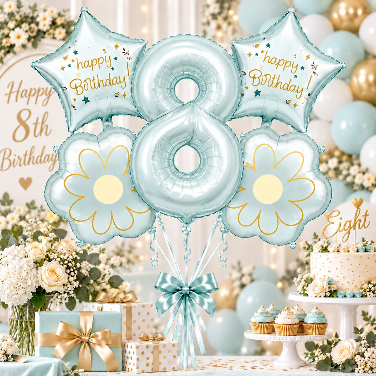 Blue Number 8 Foil Balloon Set - 5PC | Eighth Birthday Balloon with 2 Flower & 2 Star Balloons
